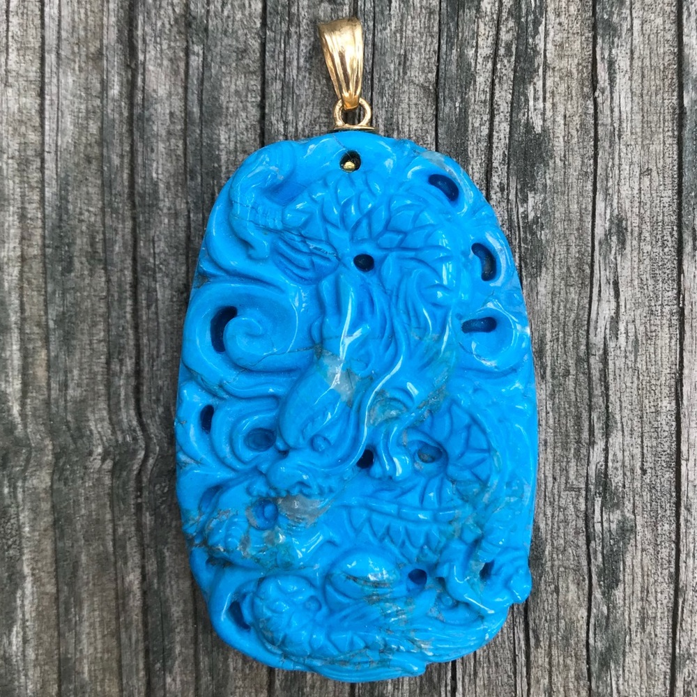 BOHO chunky carved turquoise pendant 14k